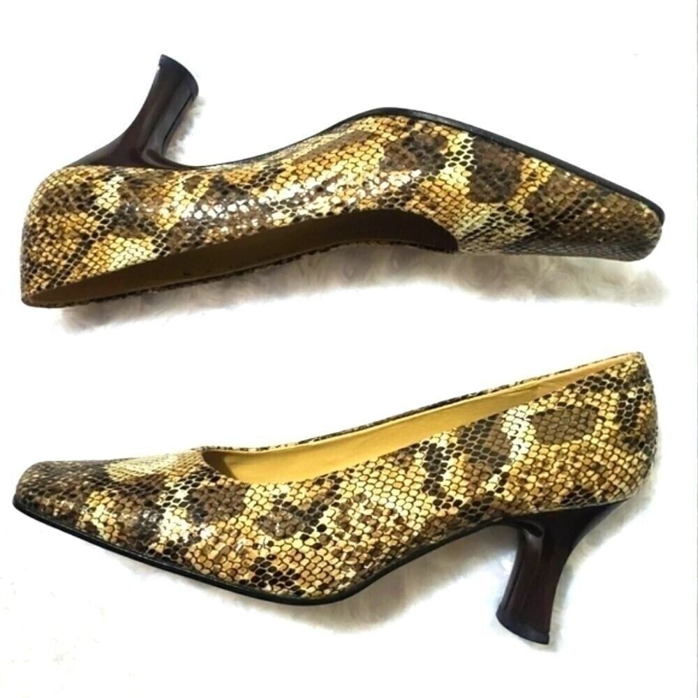 New PROXY Snakeskin Print Heels Square Toe Classic Pumps Brown Leather Size 7.5